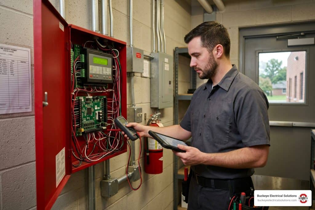 fire alarm service technician inspecting commercial fire alarm control panel
