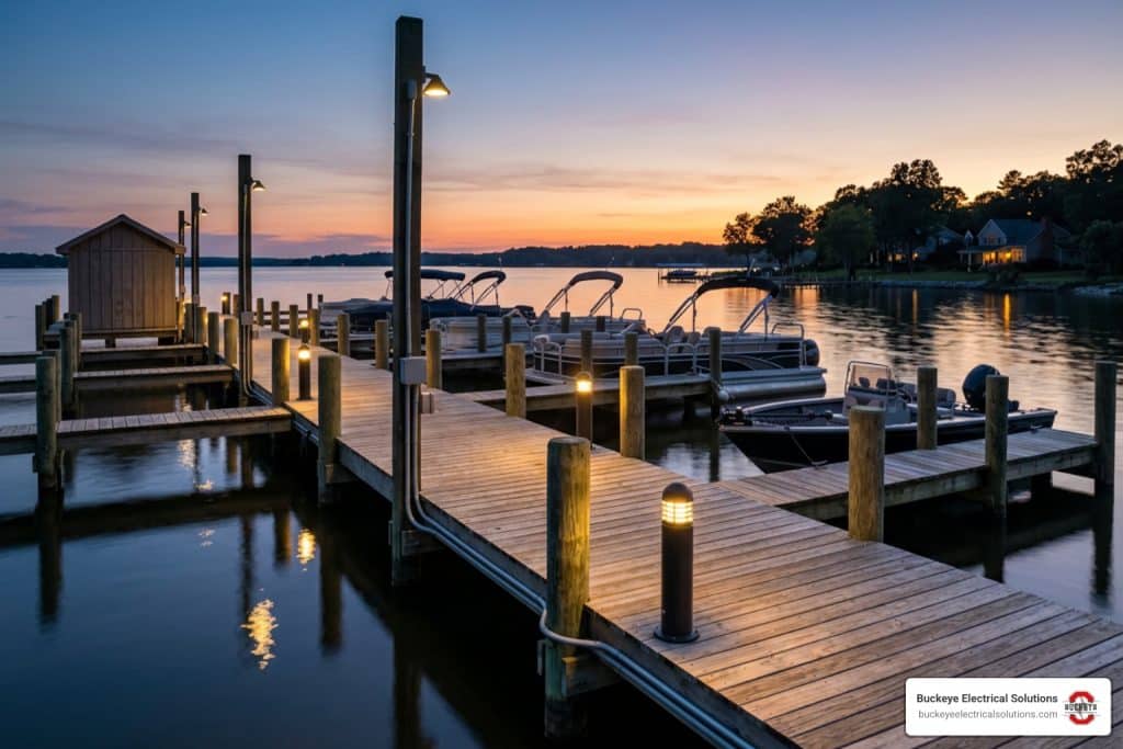 dock electrical wiring at a safe well-lit boat dock at dusk