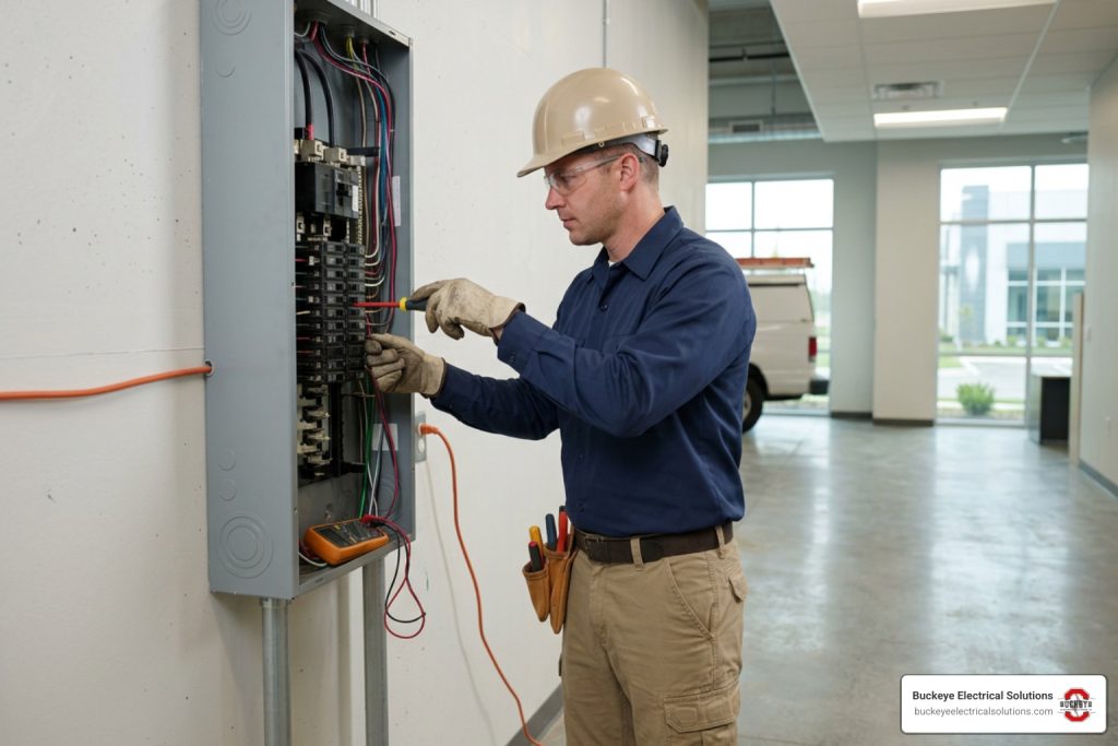 Commercial electrician working safely on a business electrical system in Columbus, Ohio