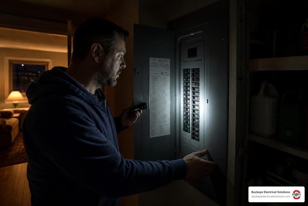Emergency electrician Cleveland Ohio homeowner checking dark electrical panel with flashlight