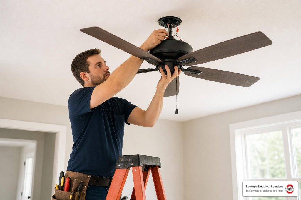 Ohio electrician installing ceiling fan in clean residential room