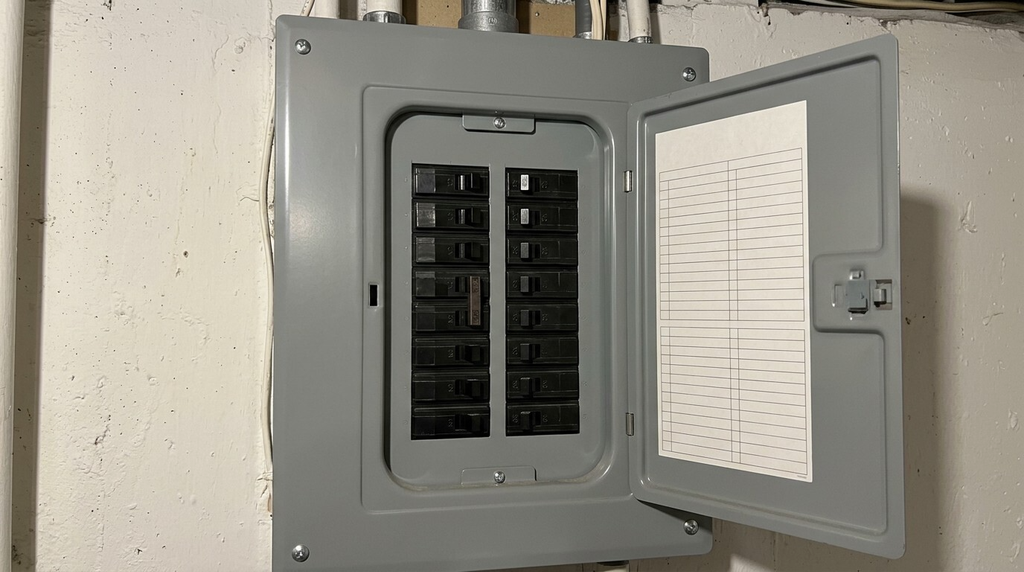 Open residential circuit breaker panel in a Northeast Ohio home
